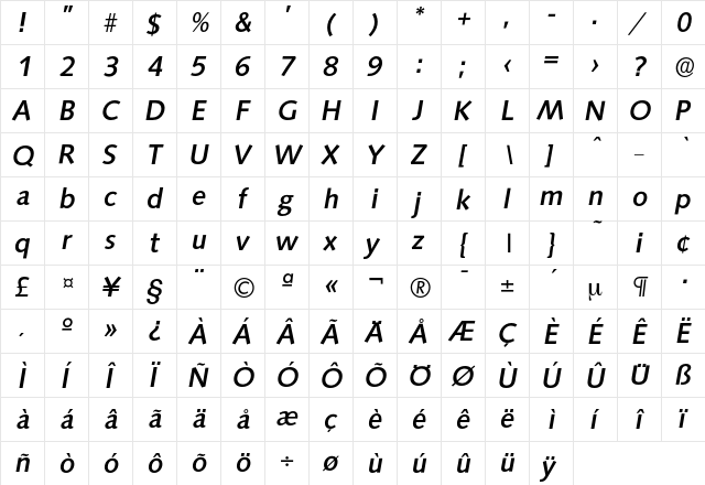 Saxony-MediumIta Regular  glyph index