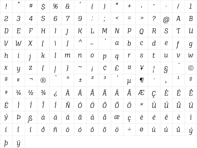 Alianza Italic 300  glyph index