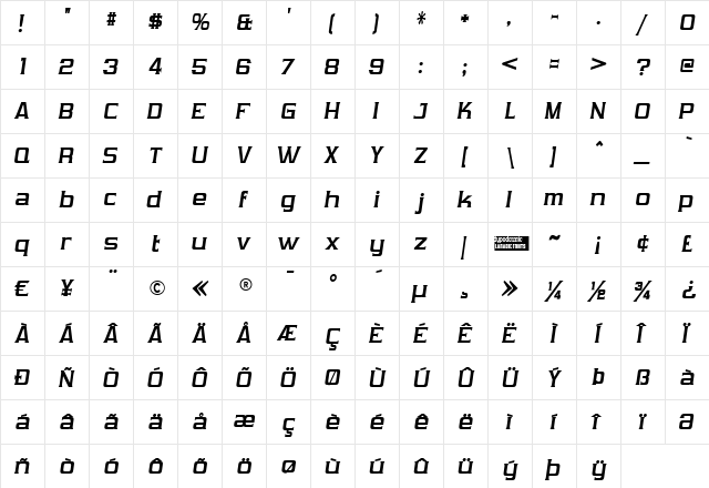 Vibrocentric Bold Italic  glyph index