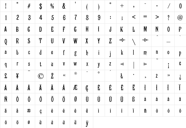 Campanile Regular  glyph index