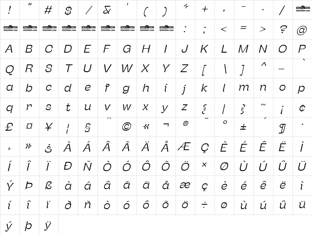 Stinger Fit Trial Light Italic  glyph index