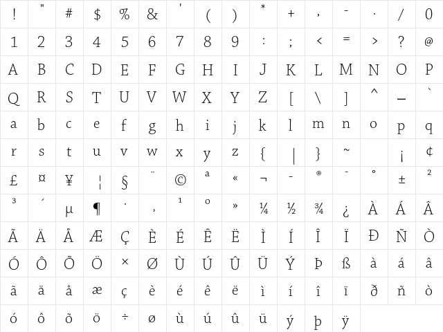 Chaparral Pro Light Subhead  glyph index
