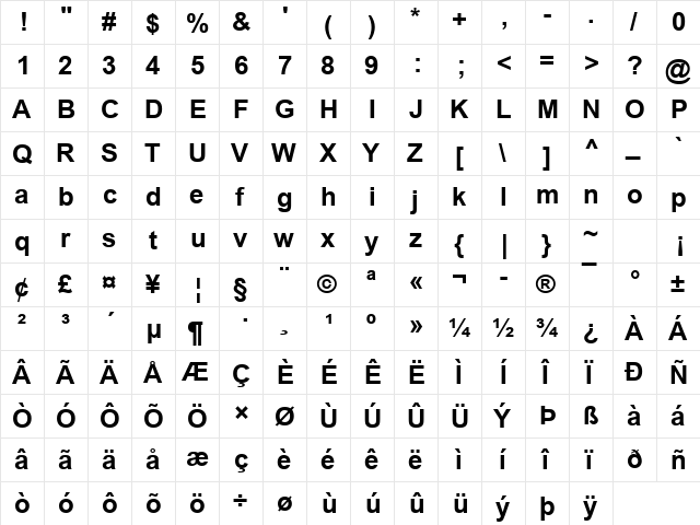 Arial Bold  glyph index