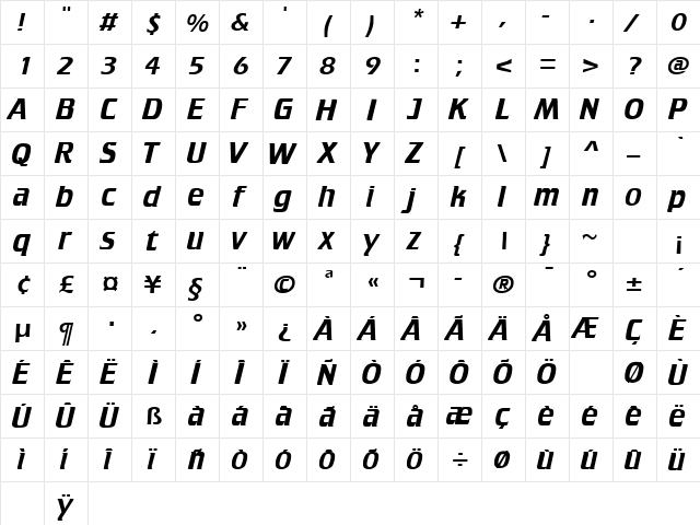 Federation Regular  glyph index