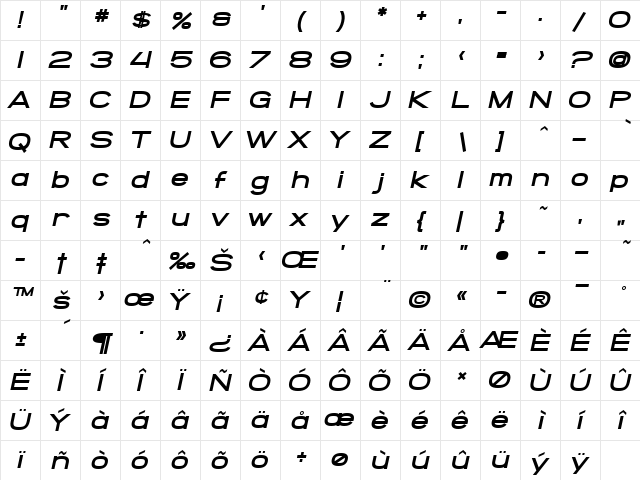 SF Grandezza Heavy Oblique  glyph index