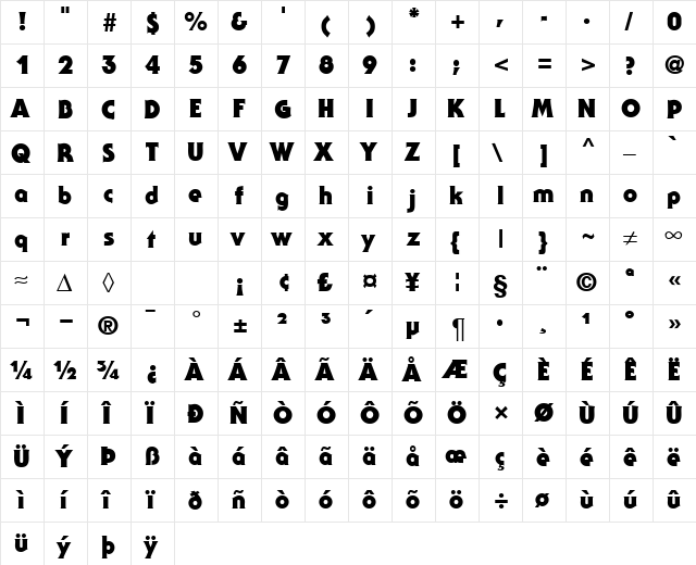 SerenadeTwoBlack Regular  glyph index