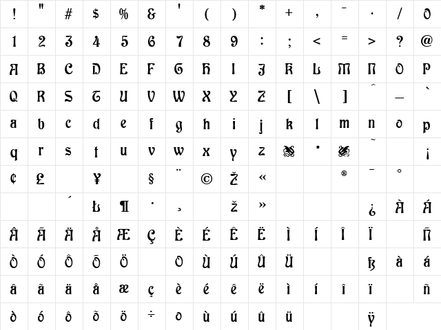 Baldur Regular  glyph index