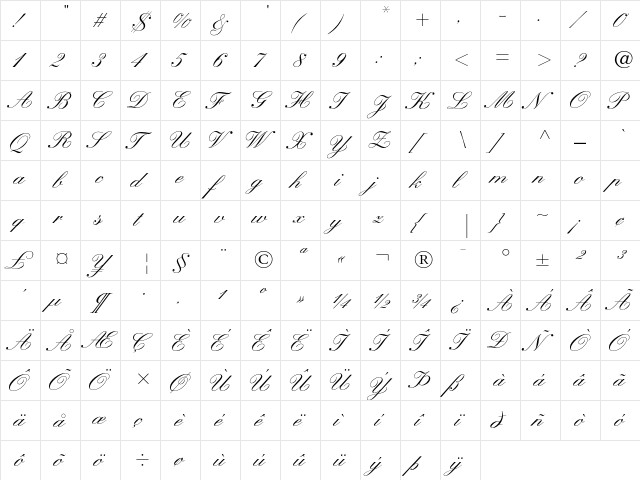 Kuenstler Script Medium  glyph index