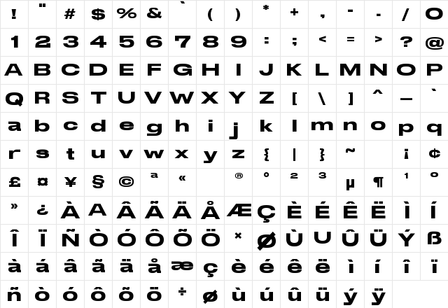 Stretch Pro Regular  glyph index