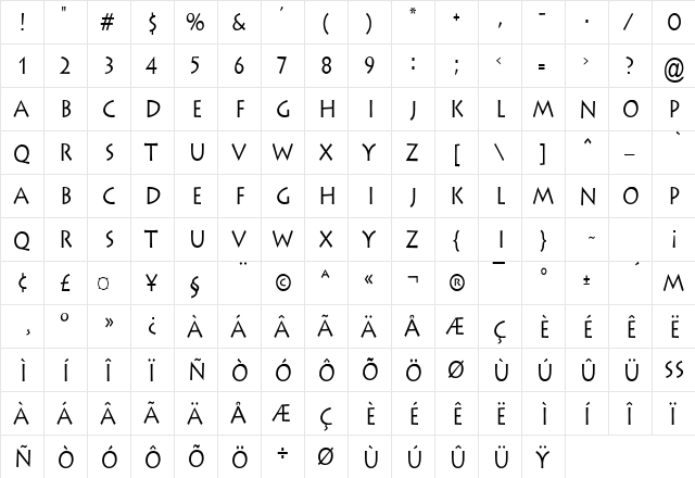 Liste Condensed Normal  glyph index