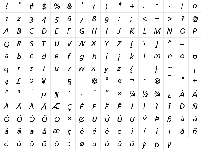Frutiger Linotype Italic  glyph index