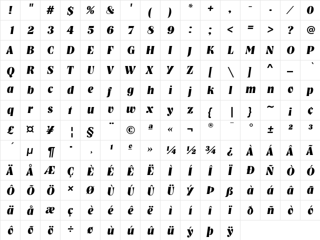 NashvilleEF BoldItalic  glyph index