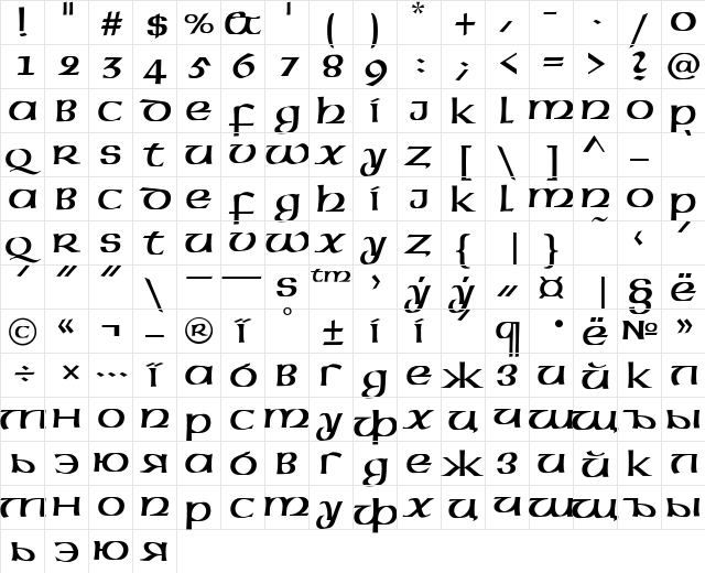 Megen Rus Regular  glyph index