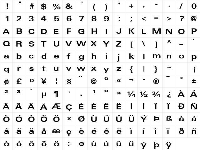 Univers ExtendedPS Bold  glyph index