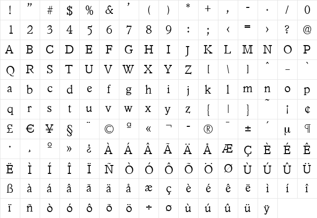 ColinBecker-ExtraLight Regular  glyph index