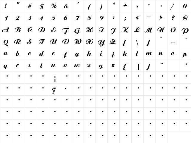 Honeymoon 2 Regular  glyph index