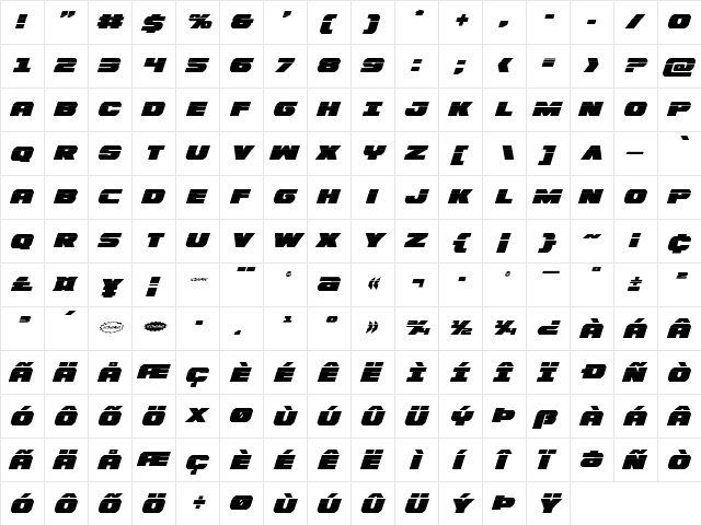Bummer Laser Italic Italic  glyph index