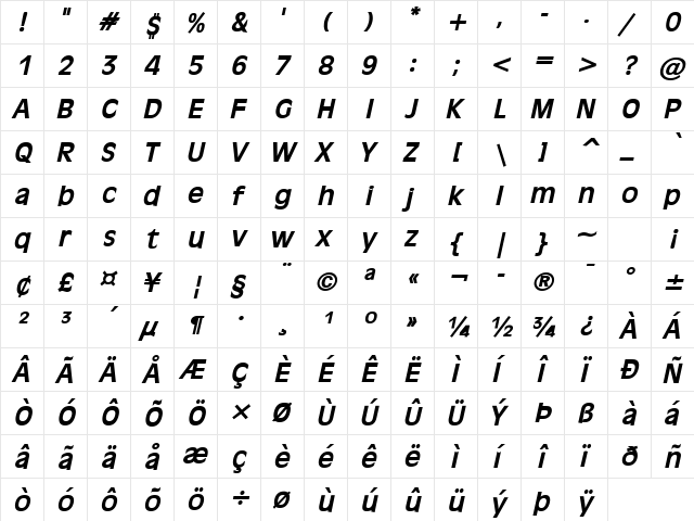 Antiqua 101 Bold Italic  glyph index