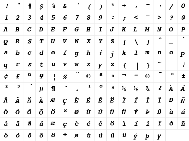 Courier10 BT Bold Italic  glyph index