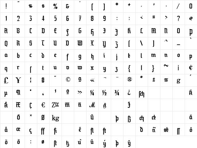 Blankenburg Regular  glyph index