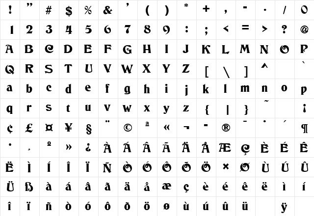 Columbo SF Regular  glyph index