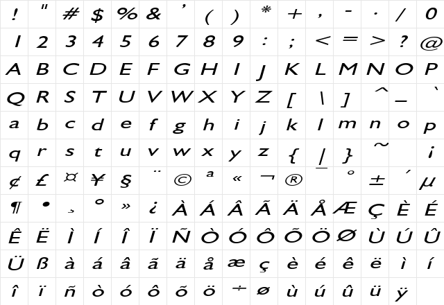 GibraltarExtended Italic  glyph index
