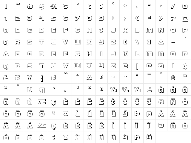 Jeebra 3D Regular  glyph index
