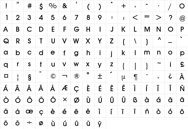 Avant Garde BQ Regular  glyph index