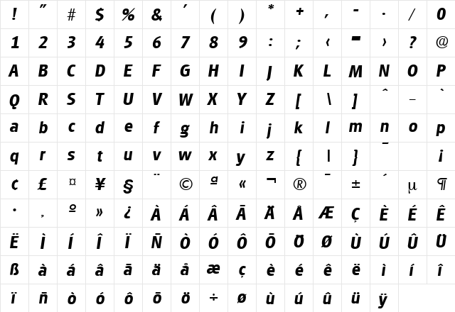 Glasgow-Serial BoldItalic  glyph index