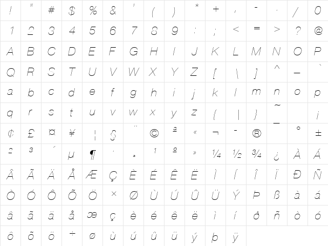 NimbusSanNovTUltLig Italic  glyph index