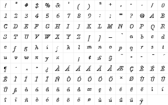 BodoniAntTLigItaRe1 Regular  glyph index