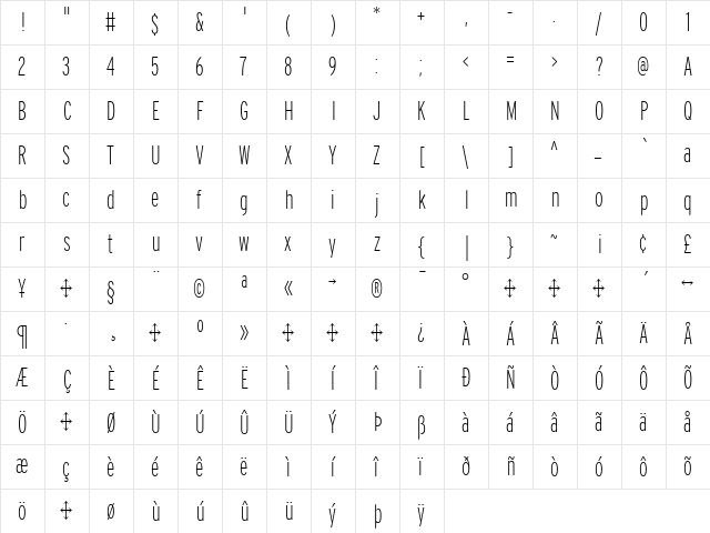 Interstate Regular  glyph index