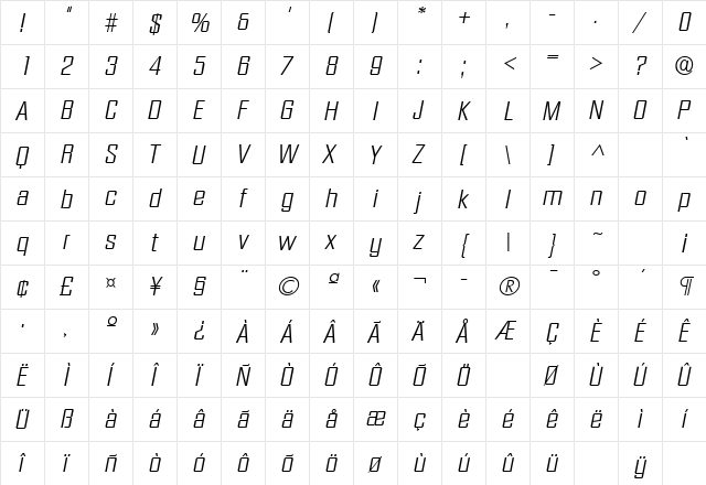 Diamante Italic  glyph index