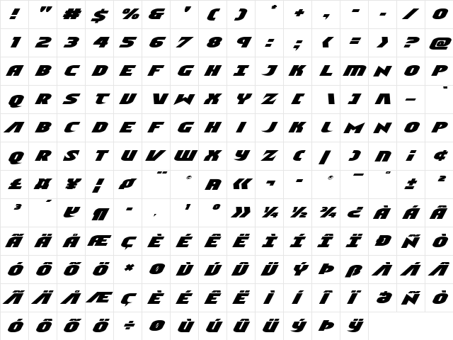 Ninja Garden Expanded Italic Expanded Italic  glyph index