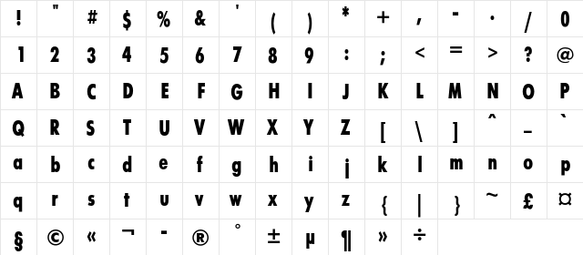 FuturisXCondC Regular  glyph index
