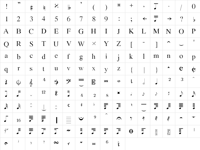 Bach Regular  glyph index