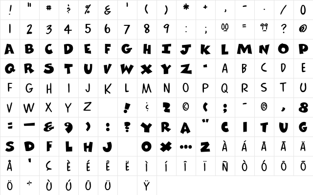 Comics Regular  glyph index