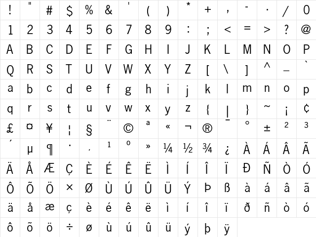 News Gothic Regular  glyph index