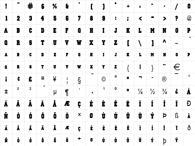PrincetonSolidCondensed Normal  glyph index