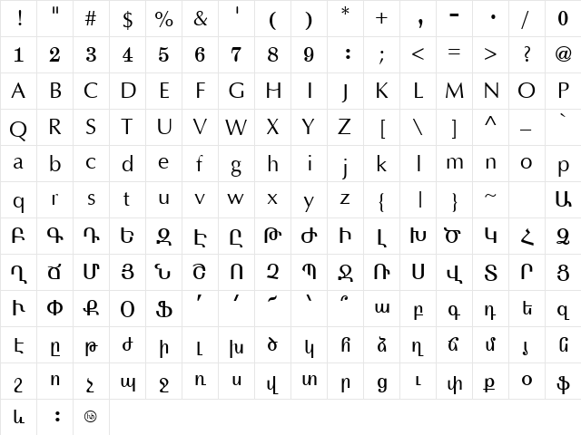 ArmenianArtiSSK Regular  glyph index