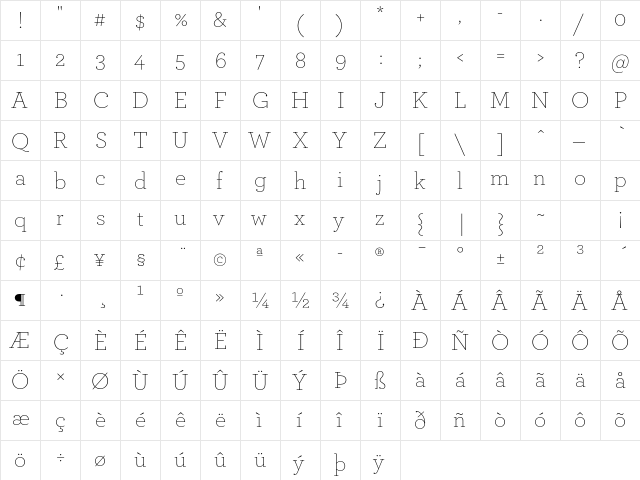 ArcherPro Extra Light  glyph index