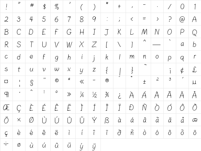 PlainPensle Regular  glyph index