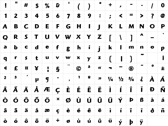 HighlanderITC Bold  glyph index