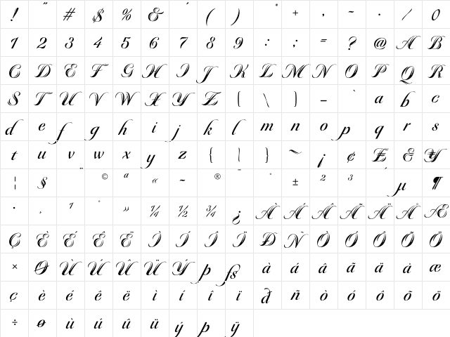 Beurre Regular  glyph index