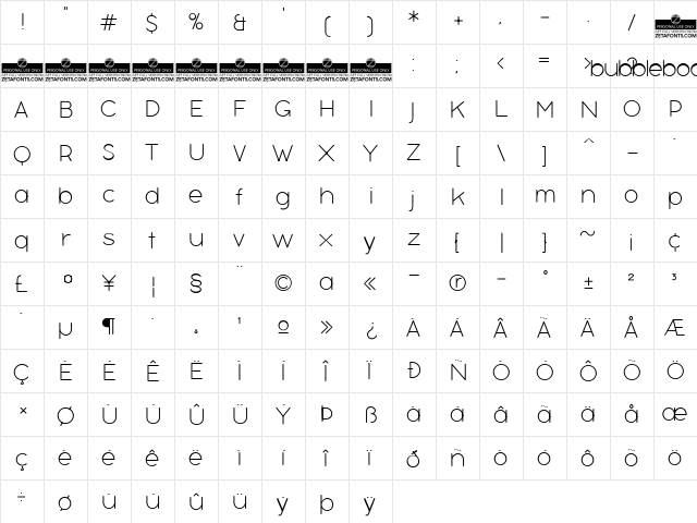 Bubbleboddy Neue Trial Thin  glyph index