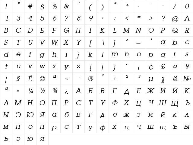 LugaBook Book Oblique  glyph index