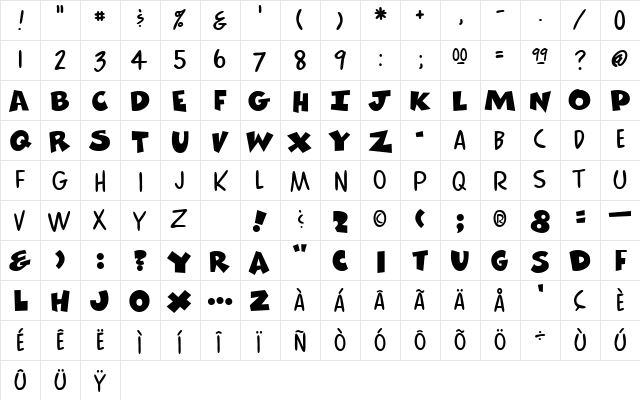 Comics Regular  glyph index