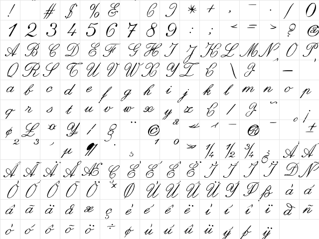 zai Italic Hand Calligraphy Regular  glyph index