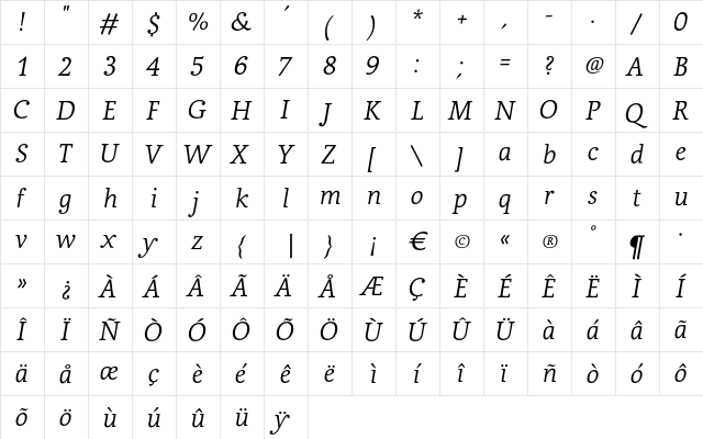 CarrefourSerif MediumItalic  glyph index