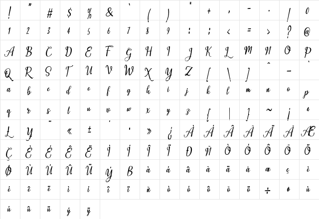 Michelle Stine Script Regular  glyph index